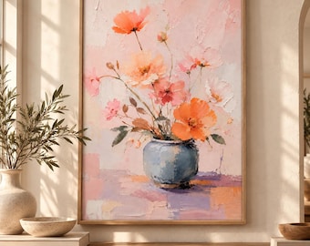 Pastel Floral Oil Painting Poster, Soft Pink Flower Wall Art, Romantic Botanical Decor, Elegant Cottagecore Artwork Print