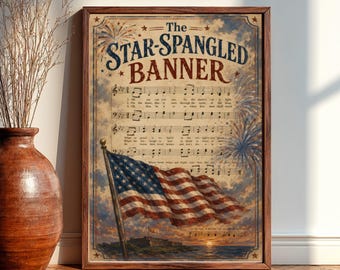 American Flag And Anthem Vintage Star Spangled Banner Americana Wall Art, Patriotic USA Decor, Fourth Of July Poster