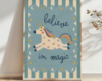 Believe In Magic Unicorn Nursery Wall Art, Whimsical Unicorn Poster Print, Girls Room Decor, Pastel Fantasy Nursery Art