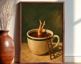 May include: A framed art print depicts a surreal scene of a large coffee cup with a ladder and legs submerged in the coffee. The cup is cream-colored with a blue stripe, set against a dark green background.