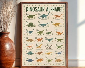 ABC Dinosaur Alphabet Learning Chart Nursery Wall Art, Educational Dinosaur Poster Print, Preschool Classroom Decor