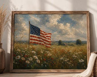 American Flag Wildflower Poster, Patriotic Meadow Wall Art, Vintage Americana Landscape Print, Rustic USA Country Decor