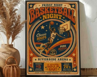 Vintage Basketball Poster, Retro Sports Wall Art, 70s Hoop Print, Classic Basketball Decor, Athletic Room Artwork, Old School Sports Poster