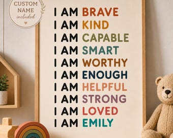 Personalized Positive Affirmation Poster, Kids Confidence Wall Art, Custom Name Nursery Print