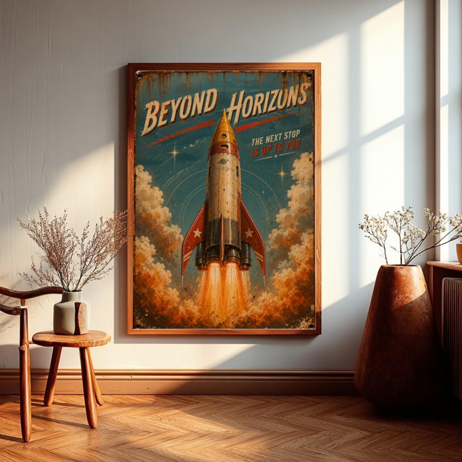 Retro Rocket Tin Sign Poster, Beyond Horizons Space Wall Art, Vintage ...