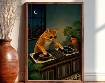 DJ Cat Poster, Funny Music Wall Art, Retro Vinyl Record Print, Vintage DJ Decor