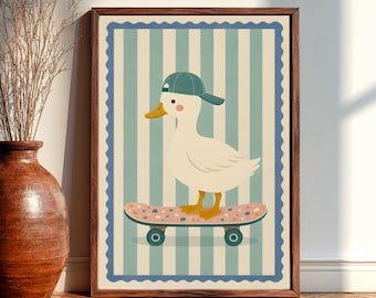 Skater Duck Nursery Wall Art, Cool Duck On Skateboard Poster, Cute Animal Nursery Print, Kids Room Decor,