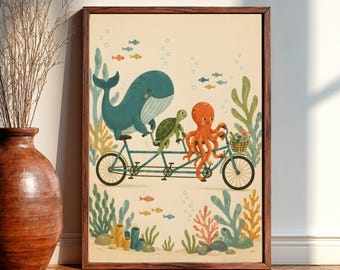 Underwater Animal Bicycle Adventure Nursery Wall Art, Ocean Friends Poster Print, Whale Octopus Turtle Kids Room Decor