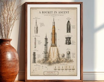 NASA Rocket Blueprint Poster, Vintage Space Diagram Art, Saturn V Style Launch Illustration, Aerospace Engineering Wall Decor, Science Gift