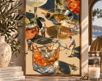 Vintage Golf Cocktail Wall Art, Surreal Golf Course Poster, Retro Sports Bar Decor, Martini Print, Country Club Inspired Art
