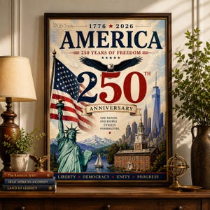 USA Anniversary Poster, Patriotic Wall Art, Statue of Liberty Flag Printerica 250th