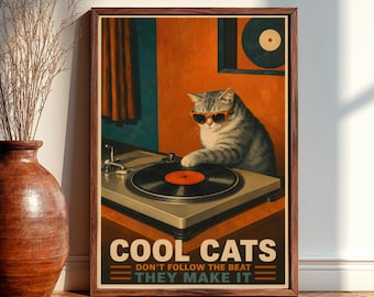 Cool Cats Make The Beat Retro Cat Music Wall Art, DJ Cat Poster Print, Vinyl Record Decor, Music Lover Gift, Vintage Art