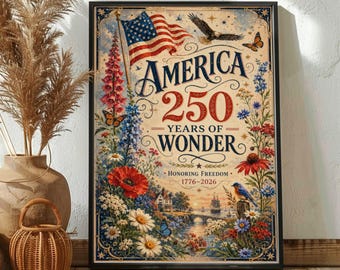 America 250 Poster, Patriotic Wildflower Wall Art, Vintage Americana Decor, Independence Celebration Print Artwork