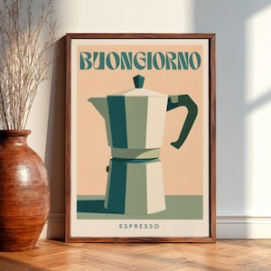May include: A framed wall art print featuring a stylized illustration of a moka pot coffee maker. The text BUONGIORNO is printed in dark teal at the top, and the word ESPRESSO is printed in dark teal at the bottom against a peach background.