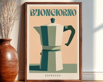 Buongiorno Espresso Retro Coffee Wall Art, Moka Pot Kitchen Decor, Italian Coffee Poster Print, Vintage Cafe Artwork