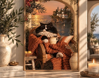 Cozy Cat Coffee By The Sea Sunset Poster