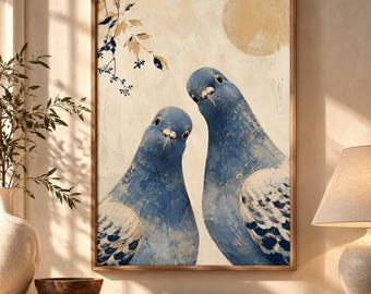 Whimsical Blue Pigeon Poster, Vintage Bird Wall Art, Minimal Animal Decor Print, Cozy Cottagecore Artwork