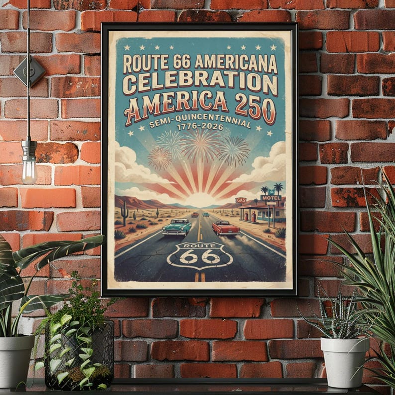Route 66 America 250 Poster, Vintage Americana Road Trip Wall Art ...