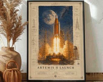 Artemis II Launch Poster, NASA Space Wall Art, Vintage Rocket Blueprint Print