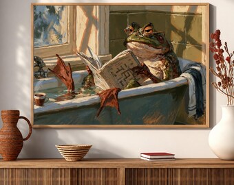 Funny Frog Bathroom Wall Art, Reading Frog In Bathtub Print, Vintage Animal Poster, Quirky Book Lover Decor, Whimsical Frog Art