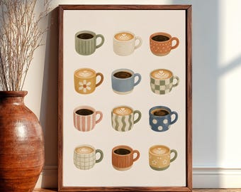 Cozy Coffee Mug Collection Kitchen Wall Art Decor, Retro Coffee Cups Poster Print, Cafe Aesthetic Coffee Lover Gift