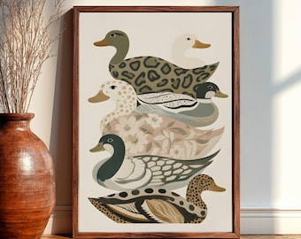 Vintage Duck Botanical Print, Cottagecore Wildlife Wall Art