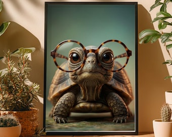 Funny Turtle With Glasses Poster, Cute Animal Wall Art, Nerdy Tortoise Print, Whimsical Pet Decor, Funny Office Artwork Gift