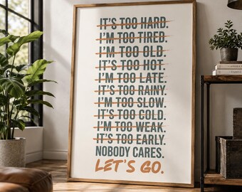 No Excuses Motivational Quote Wall Art, Let's Go Poster Print, Inspirational Office Gym Decor