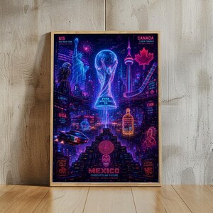 May include: A framed neon art print featuring a futuristic cityscape with the FIFA World Cup trophy at the center. The artwork includes the Statue of Liberty, a maple leaf, and a pyramid, with text indicating locations like New York, Toronto, and Mexico.