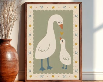 Mama Goose And Baby Nursery Wall Art, Mother Goose Baby Animal Print, Neutral Nursery Decor, Cute Goose Poster, Baby Room Artwork