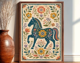 Year of the Horse Folk Art Print, Scandinavian Horse Wall Art, Vintage Botanical Horse Poster, Cottagecore Decor, Horse Lover Gift
