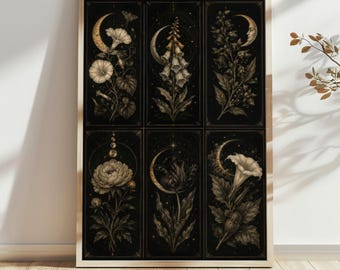 Celestial Botanical Print Set, Vintage Moon Phase Floral Wall Art, Gothic Cottagecore Decor, Dark Academia Botanical Poster Collection