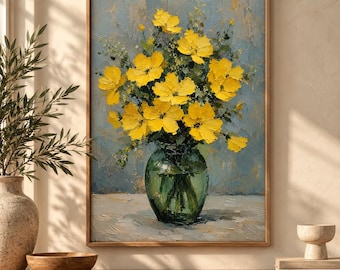 Yellow Floral Oil Painting Poster, Textured Wildflower Bouquet Wall Art, Rustic Botanical Home Decor Nature Print Artwork