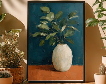 Minimalist Botanical Vase Wall Art Print, Textured Green Leaves Painting, Modern Neutral Plant Decor, Scandinavian Artwork Poster