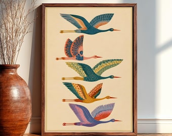 Vintage Folk Flying Birds Wall Art, Scandinavian Bird Print, Colorful Mid Century Nature Poster, Nordic Folk Art Decor
