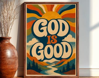 God Is Good Wall Art, Retro Christian Inspirational Poster, Faith Based Home Decor, Vintage Religious Artwork, Colorful Bible Inspired Print