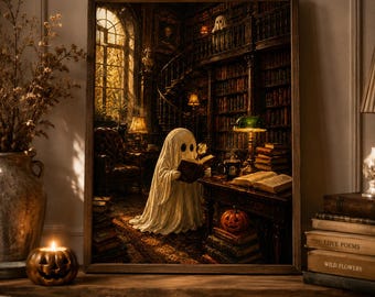 Ghost Library Poster, Vintage Halloween Wall Art, Dark Academia Decor Print