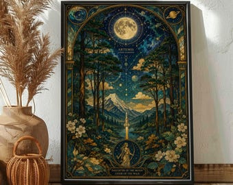 Artemis Moon Goddess Poster, Celestial Forest Wall Art, Art Nouveau Lunar Print, Mythology Space Decor, Mystic Nature Artwork