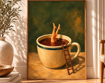 May include: A framed painting depicting a large cream-colored ceramic coffee cup filled with dark brown liquid. A pair of legs extends upward from the liquid, and a small wooden ladder leans against the side of the cup. The background is a textured dark green.