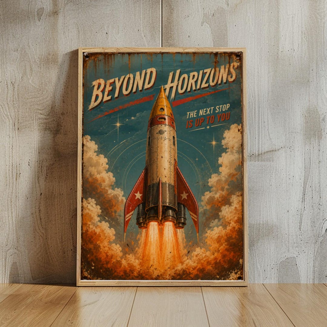 Retro Rocket Tin Sign Poster, Beyond Horizons Space Wall Art, Vintage ...