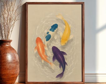 Colorful Koi Fish Zen Pond Wall Art, Japanese Inspired Koi Poster, Feng Shui Decor, Peaceful Meditation Art Print