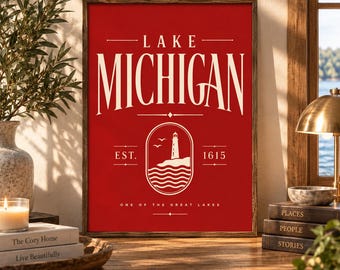 Lake Michigan Wall Art, Vintage Lake Michigan Poster, Great Lakes Decor, Michigan Travel Print, Coastal Nautical Home Decor, Red Art