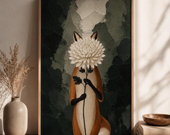 Fox Botanical Wall Art, Surreal Woodland Animal Print, Moody Nature Decor