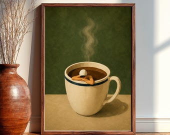 Surreal Coffee Bath Print, Cozy Minimalist Coffee Lover Wall Art, Vintage Kitchen Decor