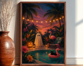 Summerween Ghost Flamingo Pool Party Wall Art, Tropical Halloween Print
