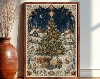 Vintage Christmas Tree Poster, Folk Art Holiday Wall Art, Winter Village Print, Scandinavian Christmas Decor