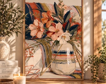 Abstract Floral Vase Wall Art, Impressionist Flower Painting, Colorful Botanical Print, Earth Tone Home Decor, Textured Still Life Art
