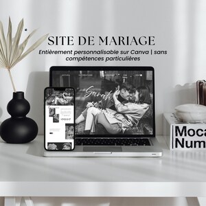 Peut inclure: Un ordinateur portable et un smartphone affichant un modèle de site de mariage avec le texte SITE DE MARIAGE, Entièrement personnalisable sur Canva | sans compétences particulières, montrant une photo en noir et blanc d'un couple.