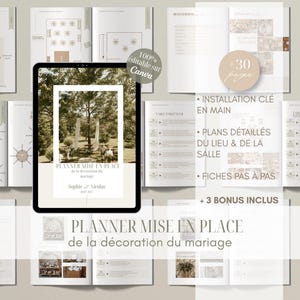 Peut inclure: Un modèle de planificateur de décoration de mariage numérique affiché sur un écran de tablette et plusieurs pages ouvertes. Le document contient du texte en français, notamment Planner mise en place de la décoration du mariage et plans détaillés.