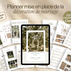 Peut inclure: Un planificateur numérique de décoration de mariage affiché sur une tablette, entouré de plusieurs pages imprimées montrant des schémas, des listes et des photos. Le texte inclut Planner mise en place de la décoration de mariage et 100% éditable sur Canva.